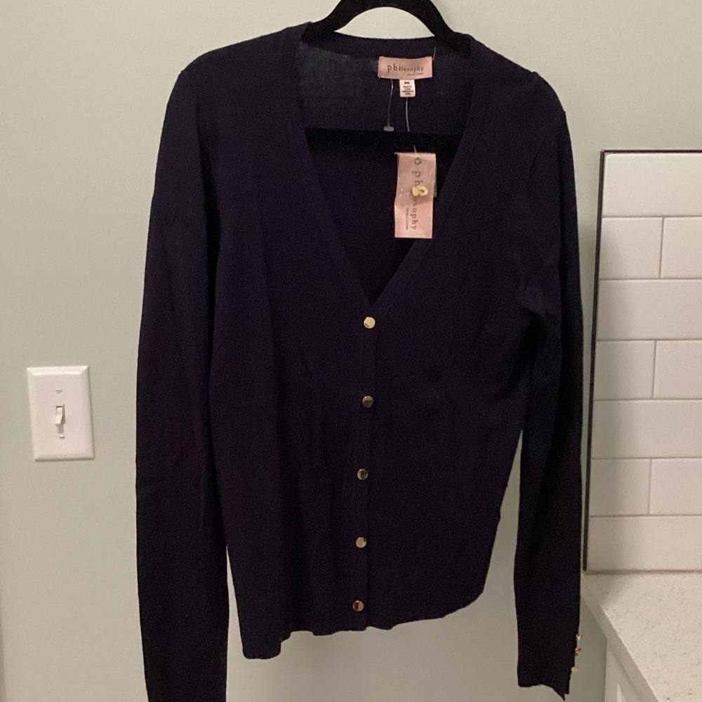 Philosophy Navy Blue V-Neck Cardigan with Gold Buttons